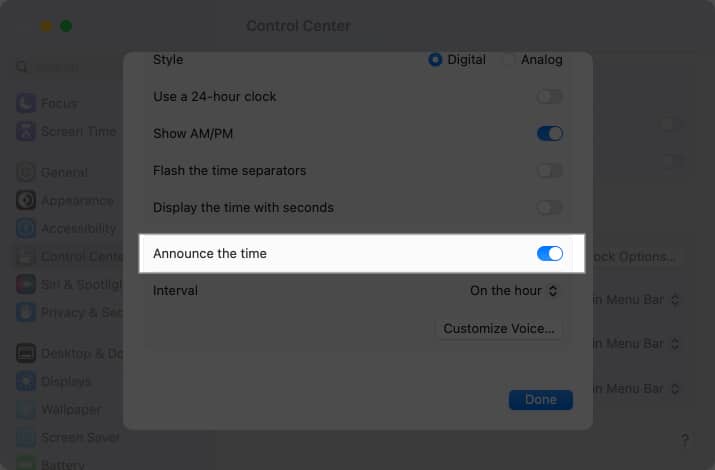 قم بتشغيل مفتاح التبديل للإعلان عن الوقت في macOS Ventura