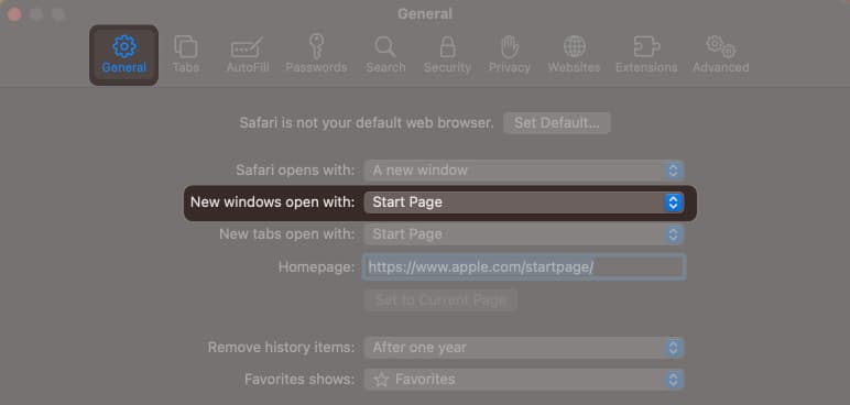 صفحة البداية المخصصة في Safari على نظام Mac