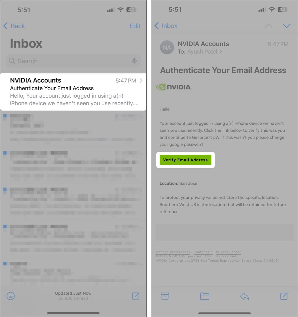 انتقل إلى تطبيق البريد الخاص بك، وافتح بريد Nvidia وانقر على التحقق من عنوان البريد الإلكتروني