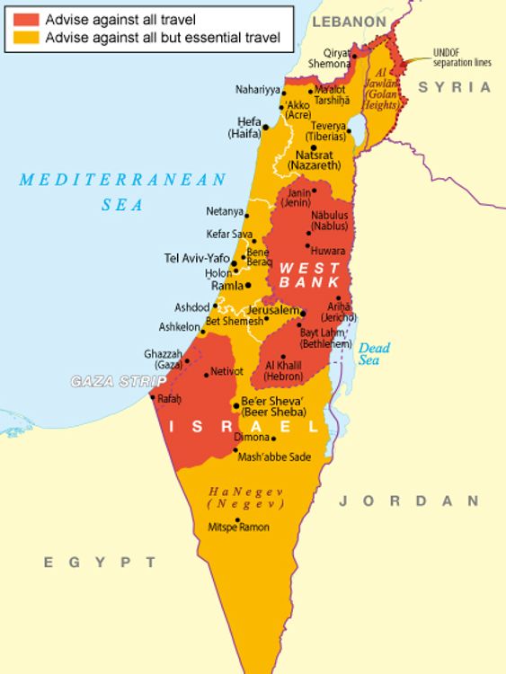 تنصح وزارة الخارجية بعدم السفر إلى الأماكن المميزة باللون الأحمر، والسفر الضروري فقط إلى بقية أنحاء إسرائيل.  الصورة: FCDO