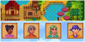 صورة مقسمة تظهر أربعة شخصيات من Stadew Valley ولقطة علوية لمزرعة